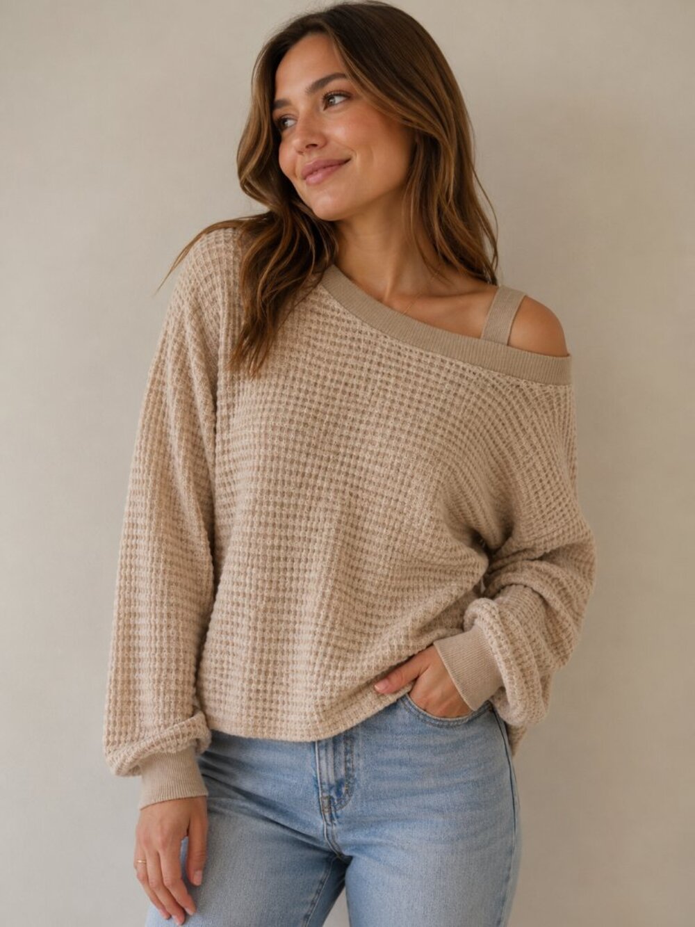 Off-Shoulder Waffle Knit Sweater - Cream